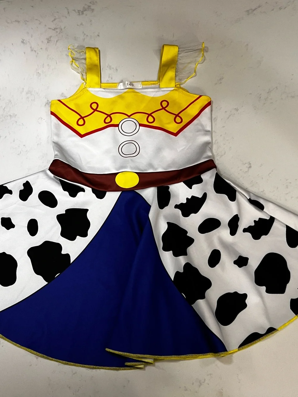 Cowprint Sheriff-Inspired Dress in Yellow, Blue & White - Picture 1 of 14